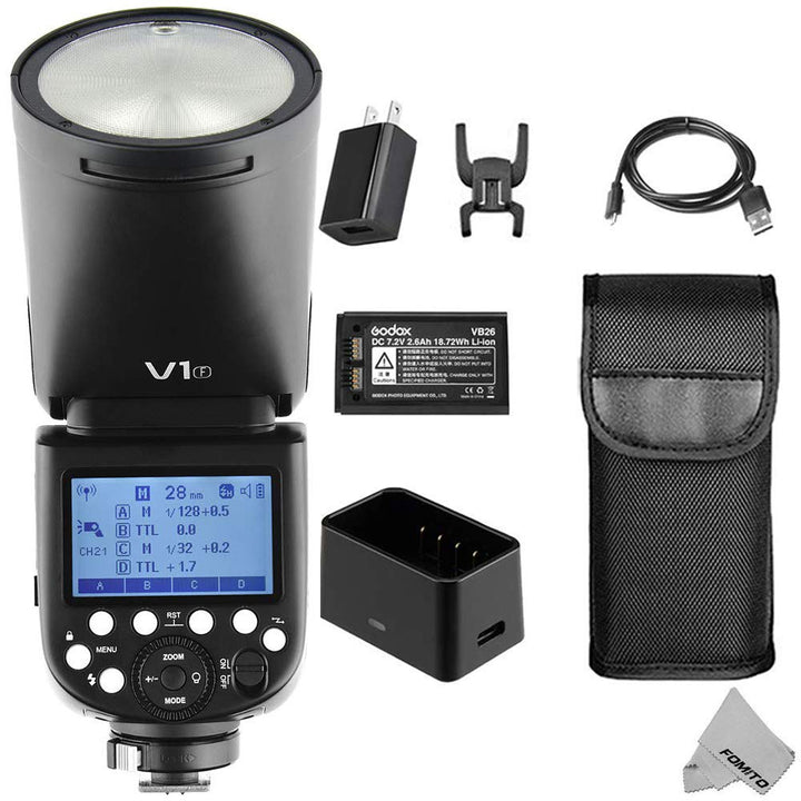 FOMITO Godox V1-F für Fujifilm 2,4 G TTL-Li-Ion-Rundkopf-Blitz-Blitzkamera, 76 W GN92 1/8000 HSS, 1,