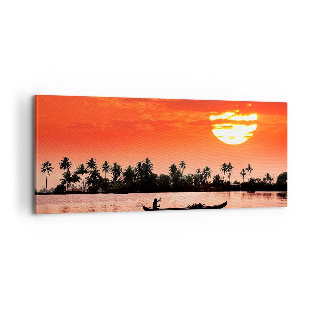 ARTTOR Bilder auf Leinwand 100x40cm Leinwandbild Kanal boot kultur sonnenuntergang Gross Wanddeko Bi