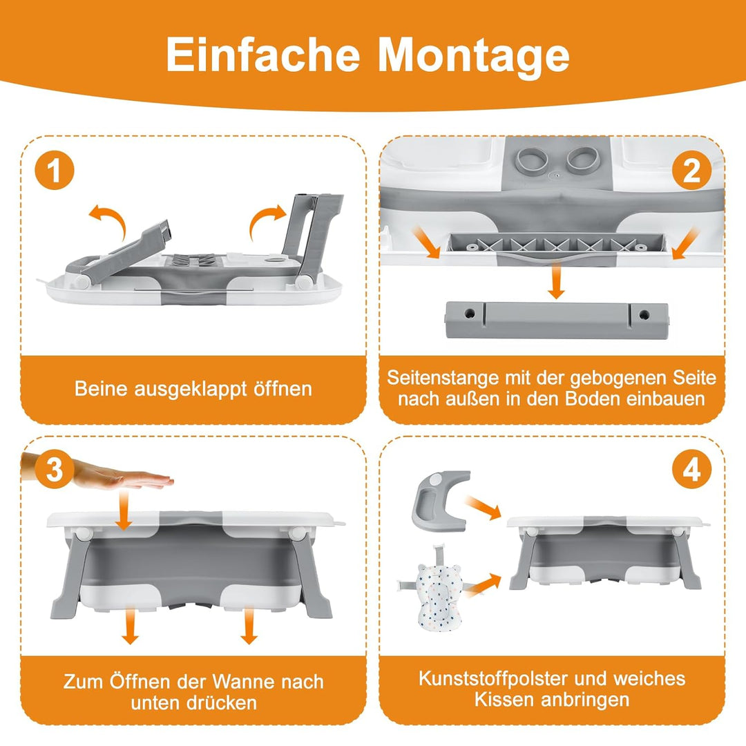 Faltbare Babybadewanne mit Sitz – tragbare Babywanne mit Wärmesensor-Ablauf, rutschfest & platzspare