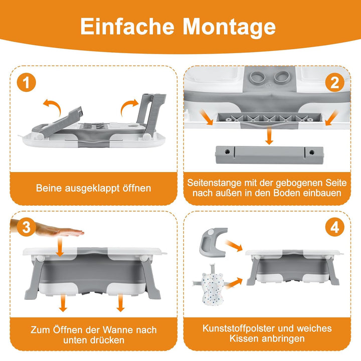 Faltbare Babybadewanne mit Sitz – tragbare Babywanne mit Wärmesensor-Ablauf, rutschfest & platzspare