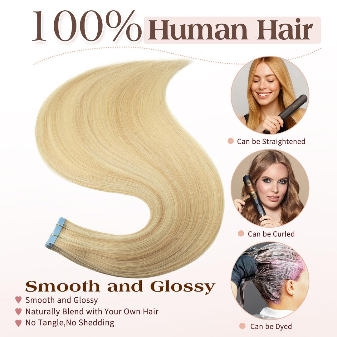 Tape In Extensions Echthaar 20pcs 50cm 50g Aschblond mit Bleichblond Invisible Tape Extensions Echth