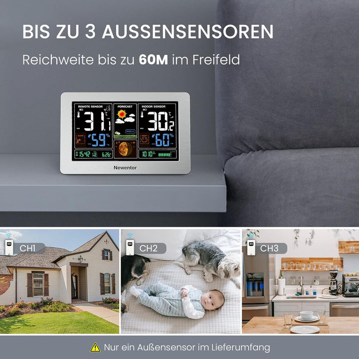 Newentor Wetterstation Funk mit Aussensensor - Funkwetterstation mit Wettervorhersage, Temperaturwar