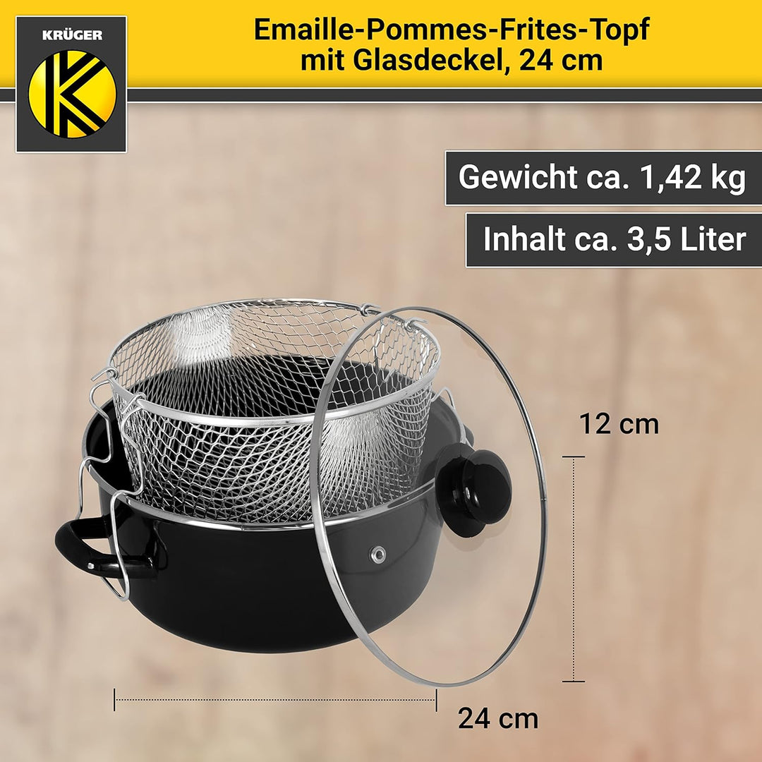 Krüger Emaille-Pommes-Frites-Topf mit Chromrand, Siebeinsatz und Aufliege-Glasdeckel - 24cm - perfek