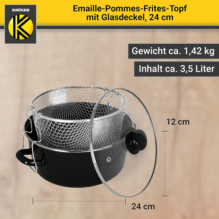 Krüger Emaille-Pommes-Frites-Topf mit Chromrand, Siebeinsatz und Aufliege-Glasdeckel - 24cm - perfek