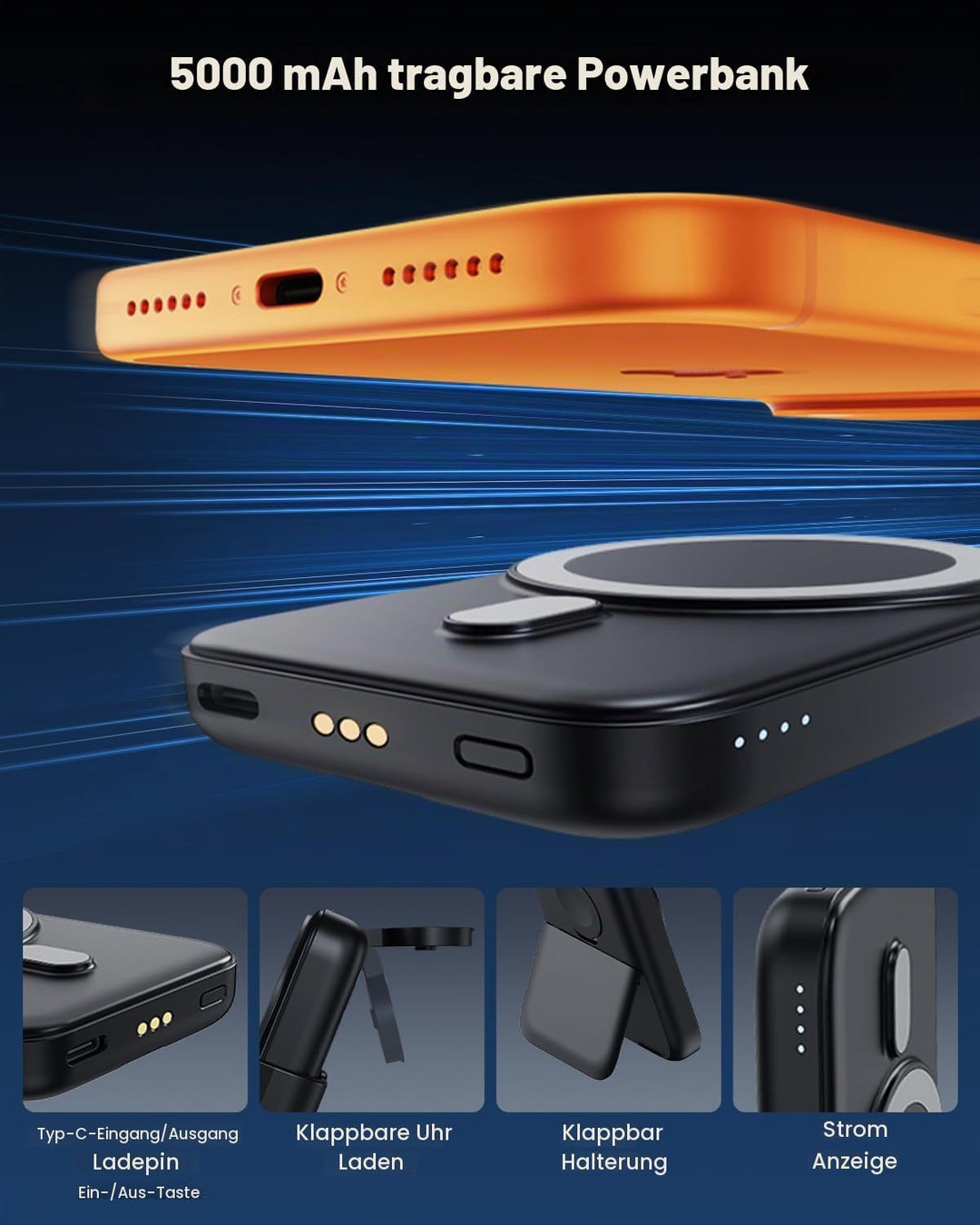 GEEKERA 3-in-1 Faltbare Magnetische Ladestation: 2026 Upgrade herausnehmbare 5000mAh Powerbank, indu