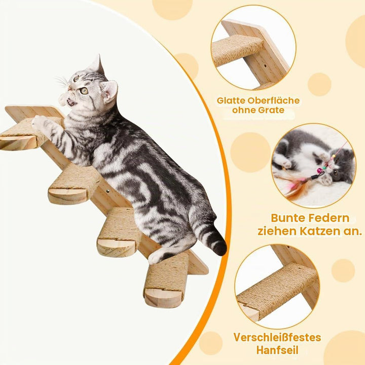 Katzentreppe Kletterwand Holz 4 Stufen Katzenleiter mit Juteseil &amp; Spielangel bis 15kg Traglast für