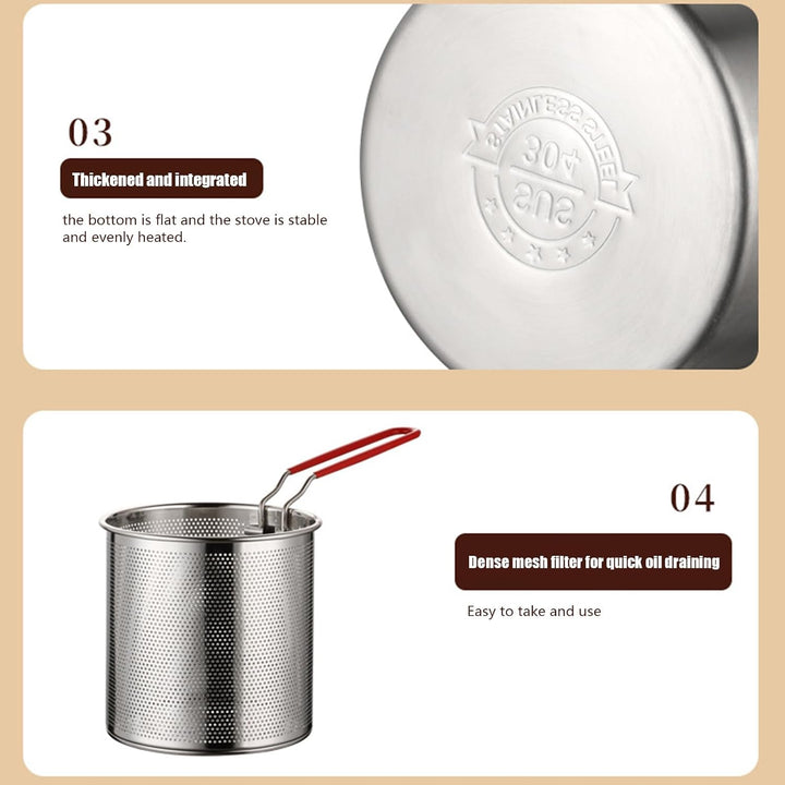 Fritteusentopf - 3L Edelstahl-Frittiertopf mit Deckel - Ölabtropfgestell, Ölfritteuse für Hähnchenfl