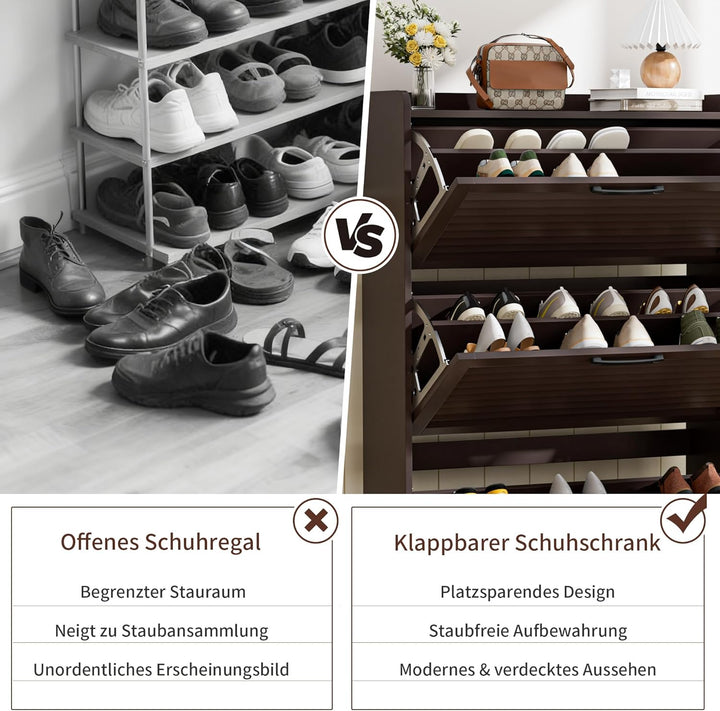 Schuhschrank Schmal, Schuhkipper mit Lamellentür, Schuhregal mit 3 Klappen, Schuhkommode mit 6 Verst