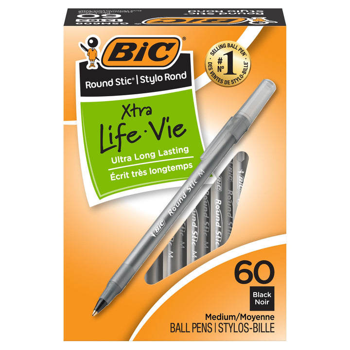 BIC Round Stic Xtra Life Kugelschreiber, Mittelgrosse Spitze 60 count Schwarz, 60 count Schwarz