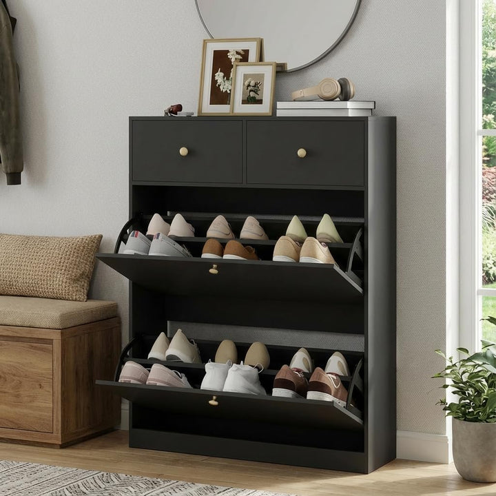 YOURLITE Schuhschrank Schmal, Schuhkipper mit 2 Klappen und 2 Schubladen, Schwarz Schuhregal, Trennw