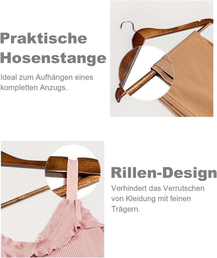 HOUSE DAY Holz Kleiderbügel Set 20 Stück, Walnuss, Stabile Kleiderbügel Holz mit 360° Metallhaken &