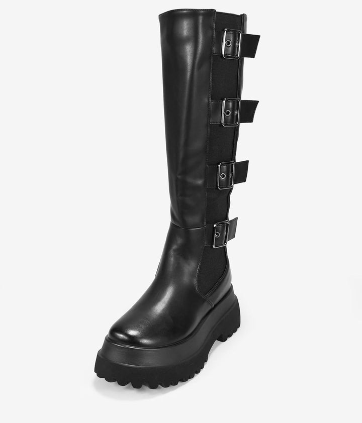 BOSANOVA Schwarze Damen-Stiefel mit seitlichem Gummizug, Riemen mit verstellbaren Schnallen und 6,5