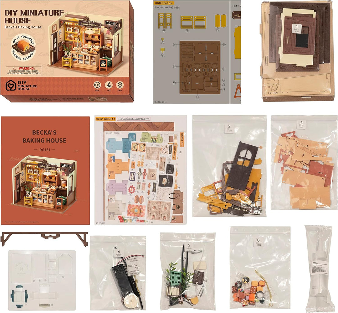 ROBOTIME Puppenhaus Kit Backhaus, DIY Miniatur Kit für Erwachsene, Mini Zimmer mit Möbeln, pädagogis