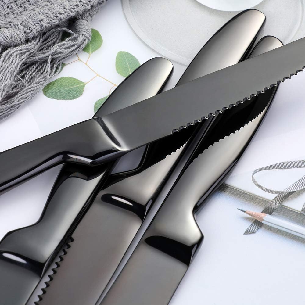 BISDARUN Steakmesser Set mit scharfem Wellenschliff Edelstahl 6-teilig Tafelmesser Schwarz Fleischme