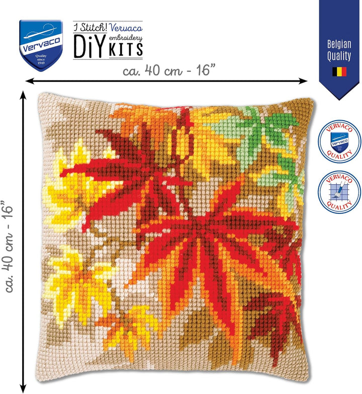 Vervaco PN-0157754 Kreuzstichkissen Herbstblätter Kreuzstichset, Baumwolle, mehrfarbig, 40 x 40 cm /