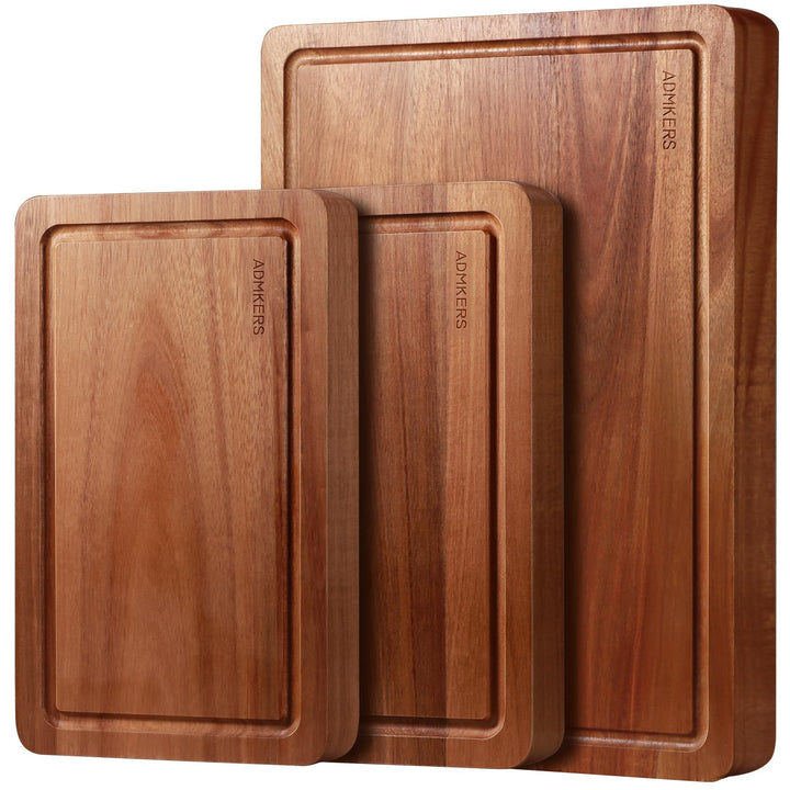 Schneidebrett Holz 3er Set, grosses Schneidebrett aus massivem Akazienholz, 2 cm dickes Küchenbrett