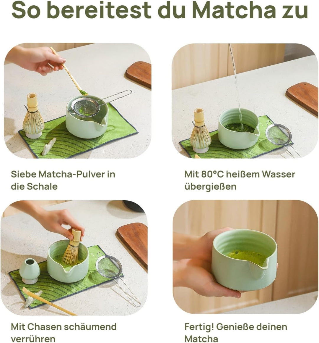 Matcha Set 7-tlg, Hellgrün Matcha Schale aus Keramik mit Matcha Besen aus Bambus und Besenhalter, Si