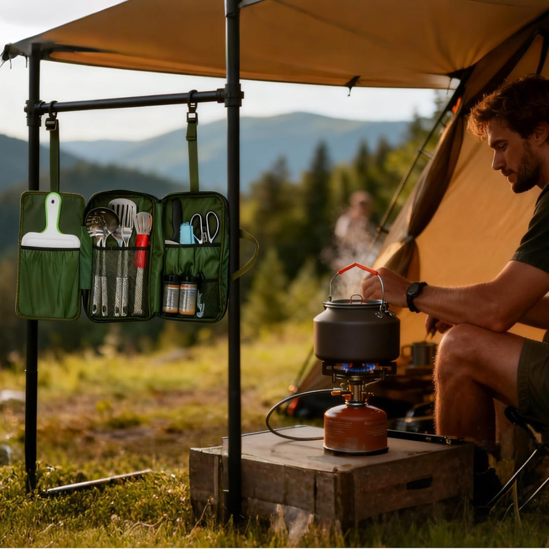 Camping Küchenhelfer Set mit wasserdichte Tasche für Camping Kochgeschirr,Camping Geschirr,Klein und
