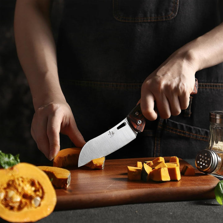 SENBON 440 Stainless Steel Super Sharp Folding Chef Knife With Colorful Wood Handle for Camping, Bar