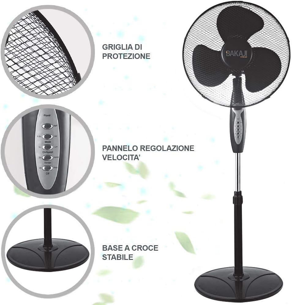 BAKAJI 2828514 Standventilator mit Standfuss, 40 cm, 3 Geschwindigkeiten, einstellbare Höhe einstell