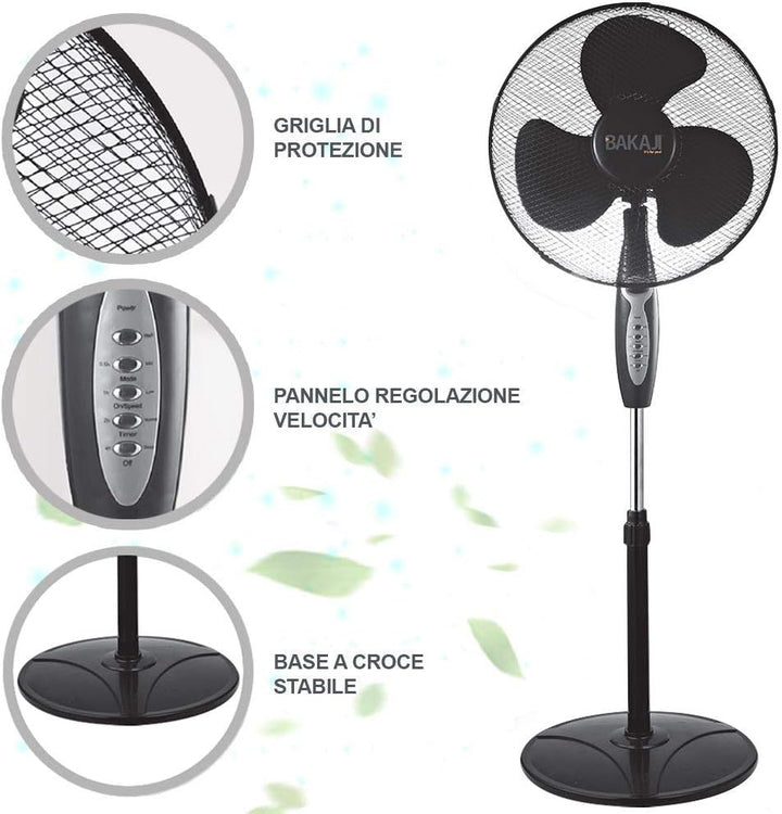 BAKAJI 2828514 Standventilator mit Standfuss, 40 cm, 3 Geschwindigkeiten, einstellbare Höhe einstell