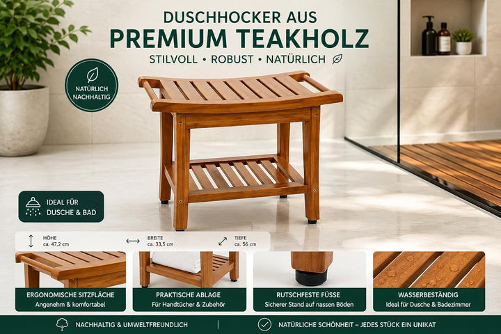 Divero Badhocker TICAO aus Teakholz, behandelt, mit Handtuchhalter und extra Ablagefläche – Farbe: B