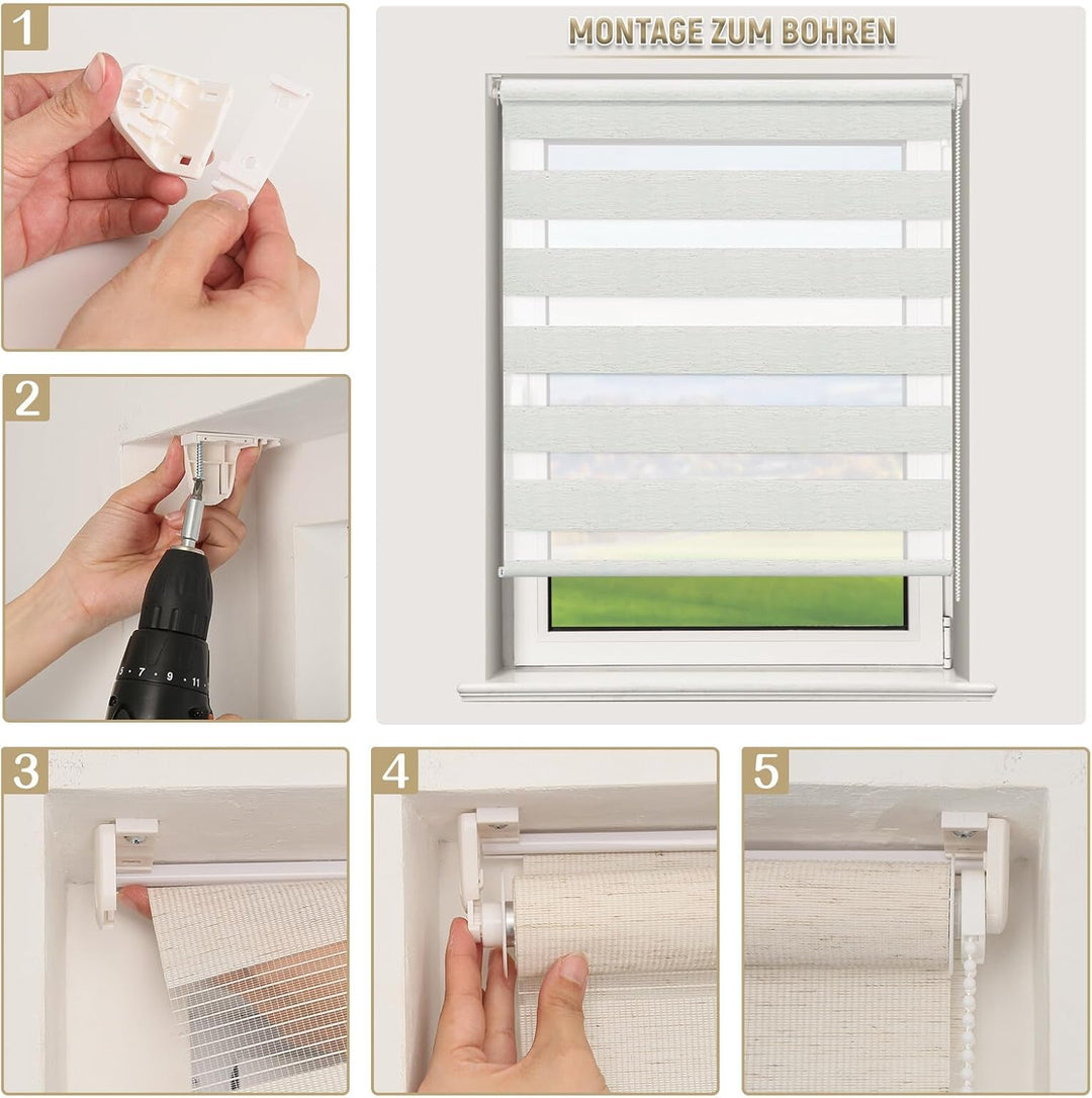 Deswell Doppelrollo Klemmfix ohne Bohren Weiss-Beige-Braun B90 x H140 cm (Stoffbreite 86cm) Rollos f