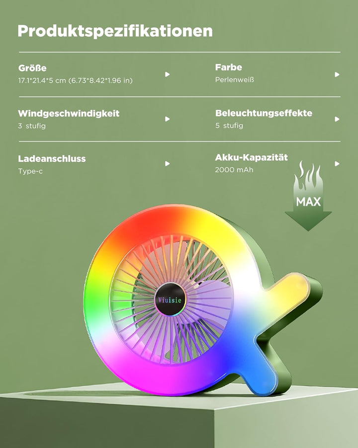 Tischventilator 2-in-1 Mit Rgb-licht Und Wiederaufladbarem 2000mAh Akku, USB-C, 3 Windgeschwindigkei
