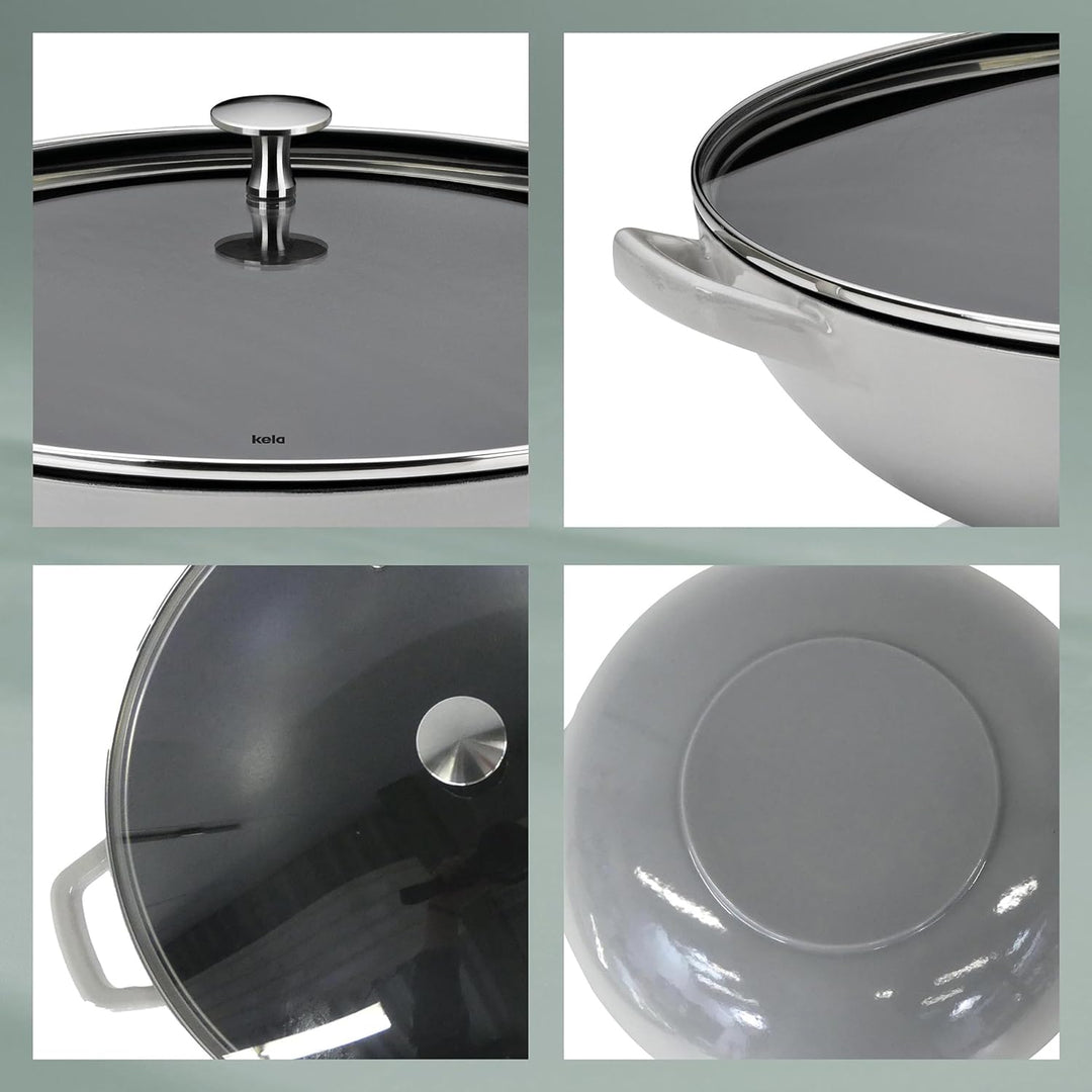 Kela Wok Calido, Ø 36 cm, 4 L, Gusseisen, hellgrau, Allherdboden, rau emailliert, Glasdeckel mit Ede