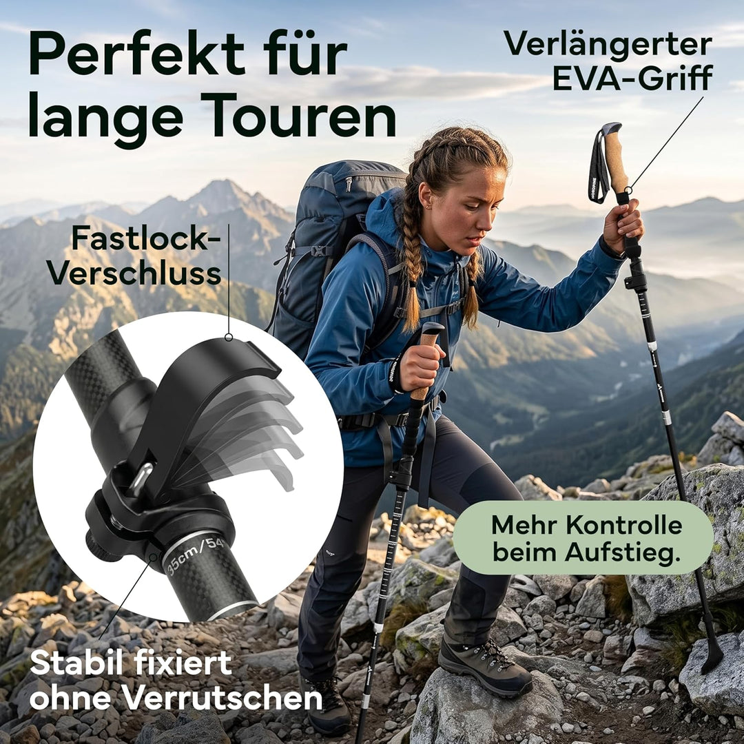 Wanderstöcke faltbar - Carbon & Aluminium für Damen & Herren - Ultraleichte Trekkingstöcke mit Korkg