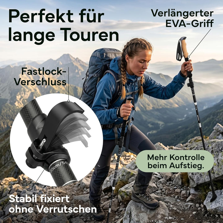 Wanderstöcke faltbar - Carbon & Aluminium für Damen & Herren - Ultraleichte Trekkingstöcke mit Korkg