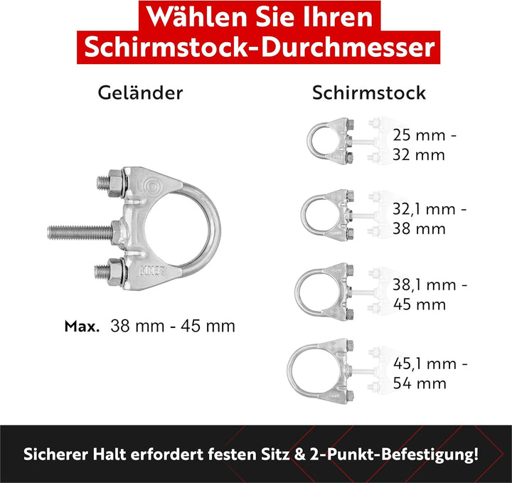 STORM-PROOF Sonnenschirmhalter für runde Geländer - Zwei-Punkt-Befestigung aus Stahl (Schirmstock Du