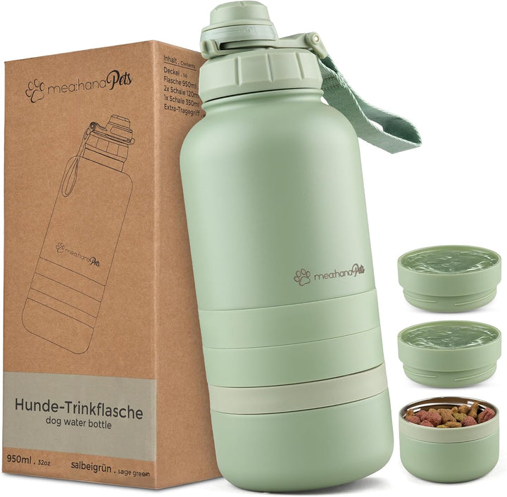 Pets Hundetrinkflasche für unterwegs 1l mit Näpfen -Ideal für Reisen,Outdoor- Isolierte Edelstahl Fl