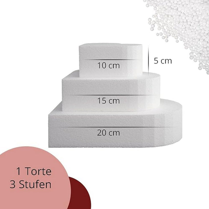 MCE-Commerce A3997913 Styropor Herz-Torte Set dreistöckig H 5cm, 10cm 15cm 20cm, weiss, 20x20x15cm,