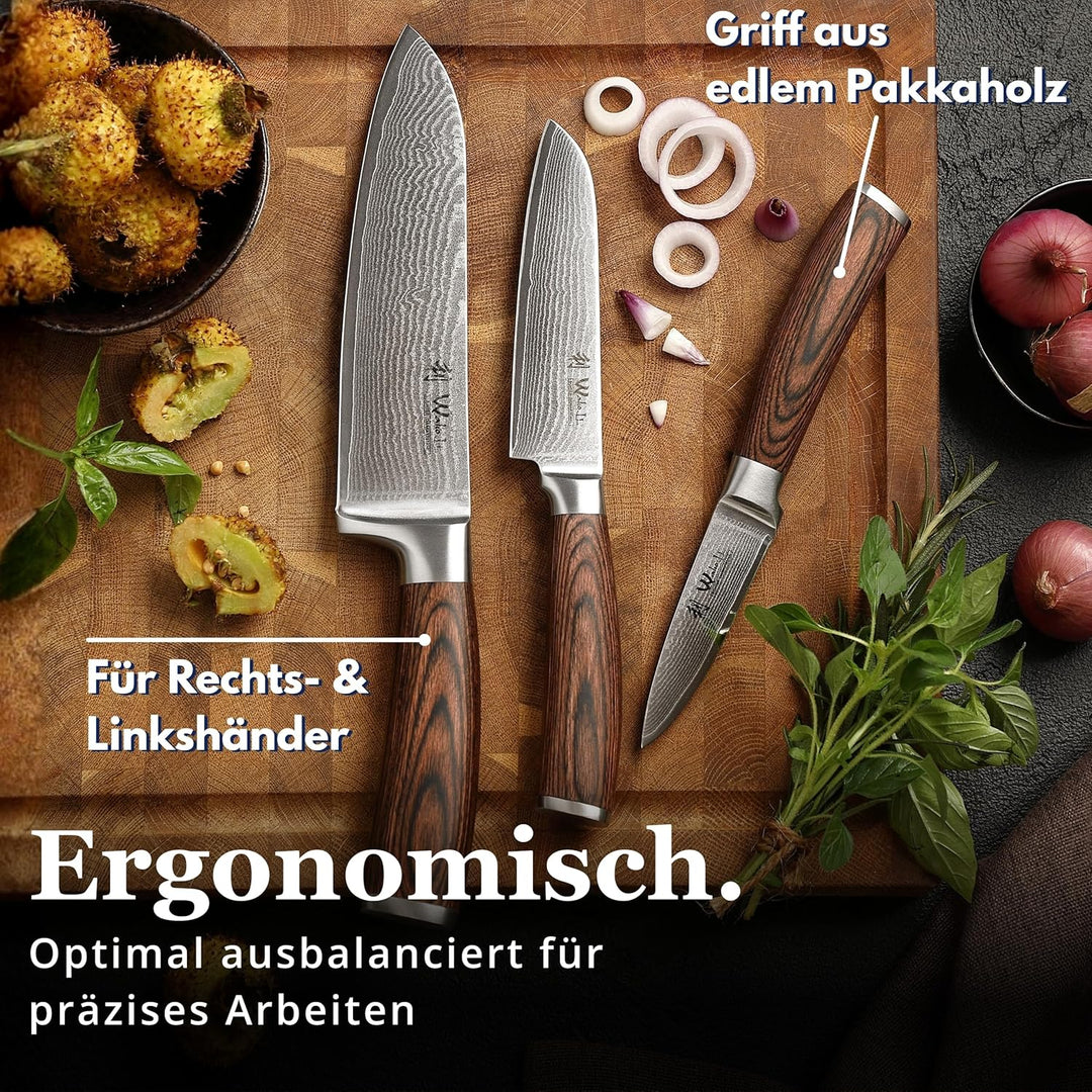 Wakoli Akazien Messerblock und 3er Damastmesser-Set mit Klingenlängen von 8,50cm bis 17,00cm extrem