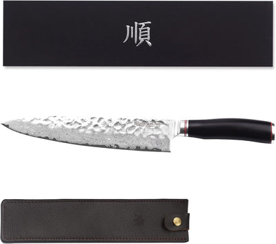 YOUSUNLONG Kochmesser 10 Zoll Pro Gyuto Japanisch Gehämmerter Damaststahl Natur Bleiholzgriff mit Le