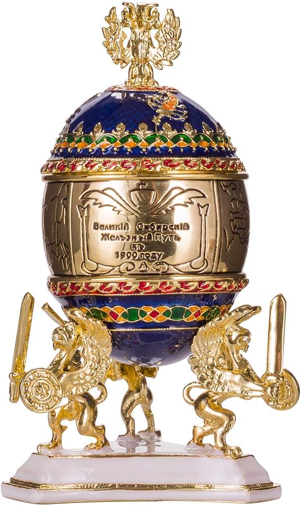 Transsibirisches Eisenbahn Fabergé-Stil Ei/Schmuckkästchen 12,5 cm blau