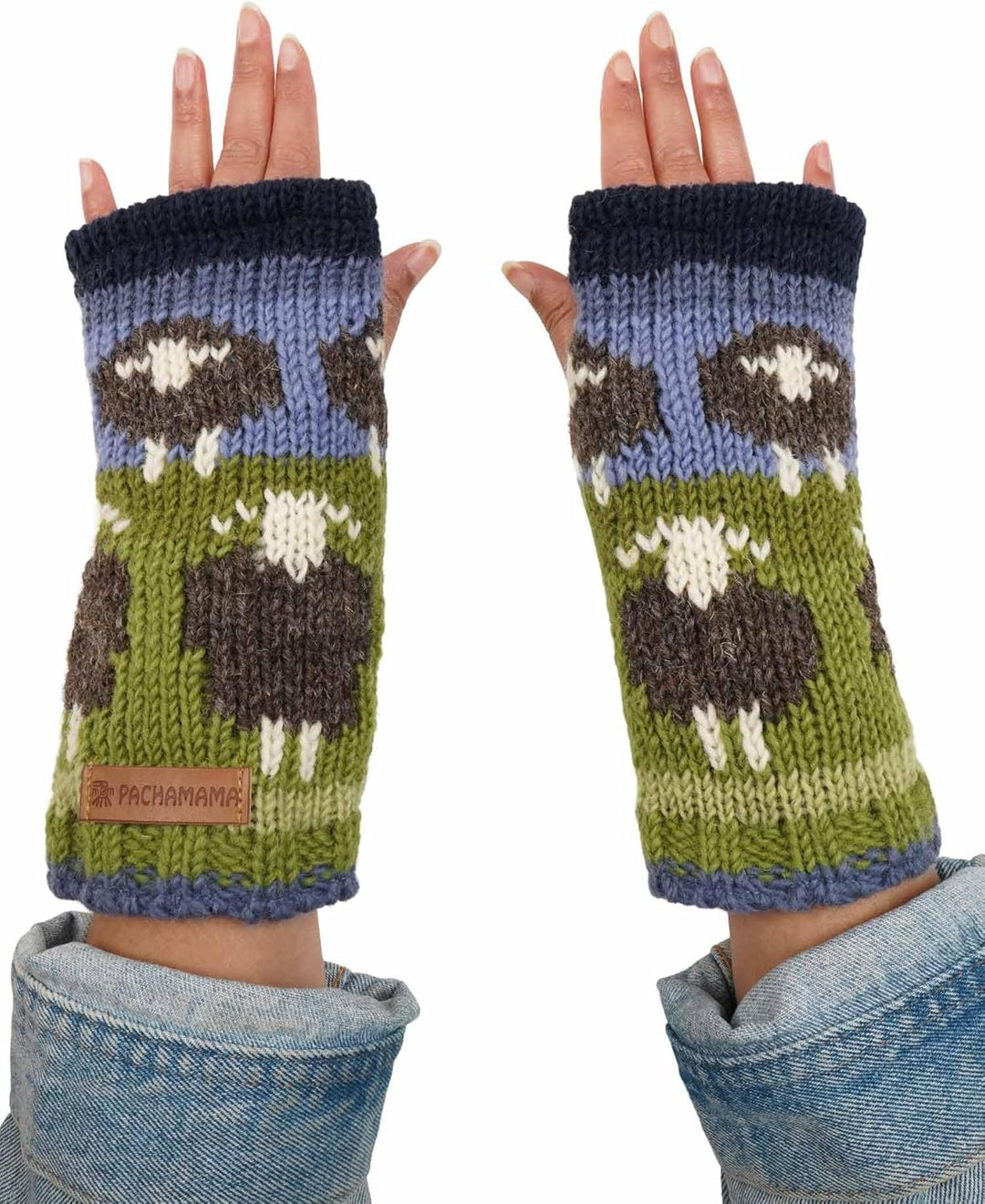 Pachamama Damen-Handwärmer aus Wolle, mit Fleece gefüttert, handgestrickt, Herdwick-Schaf, mehrfarbi