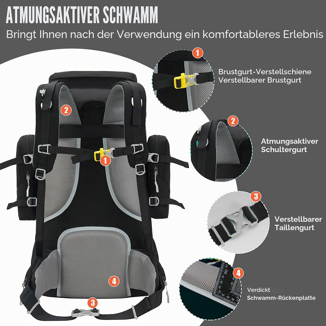 Bseash 70L (65+5) Wasserdichter Wanderrucksack mit Regenschutz, Outdoor-Sport, Reisen, Tagesrucksack