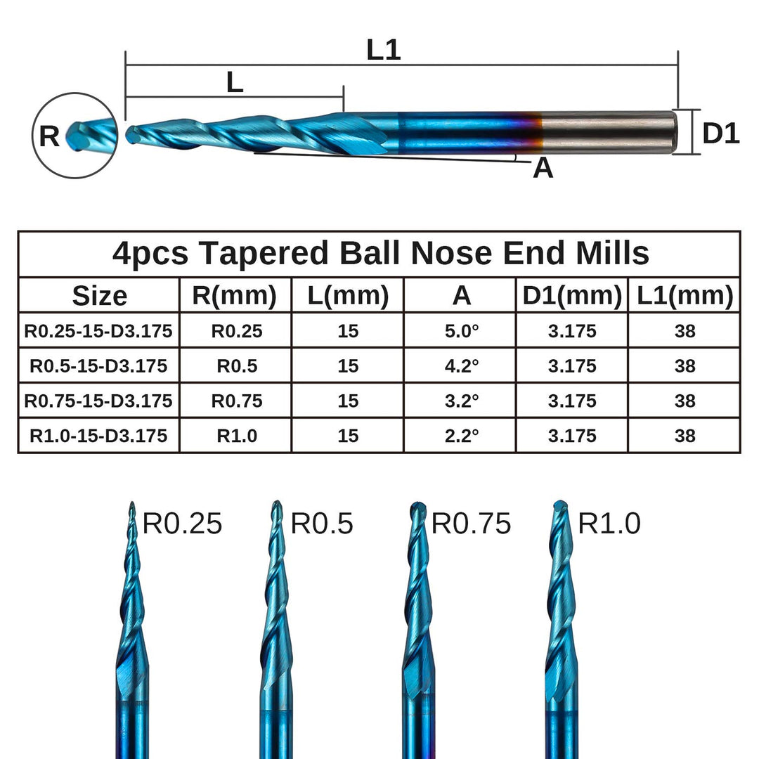 Genmitsu 4 Stück 2-Nuten- Kugelkopffräser mit konischer Spitze, Vollhartmetallfräser mit Nano Blue-B