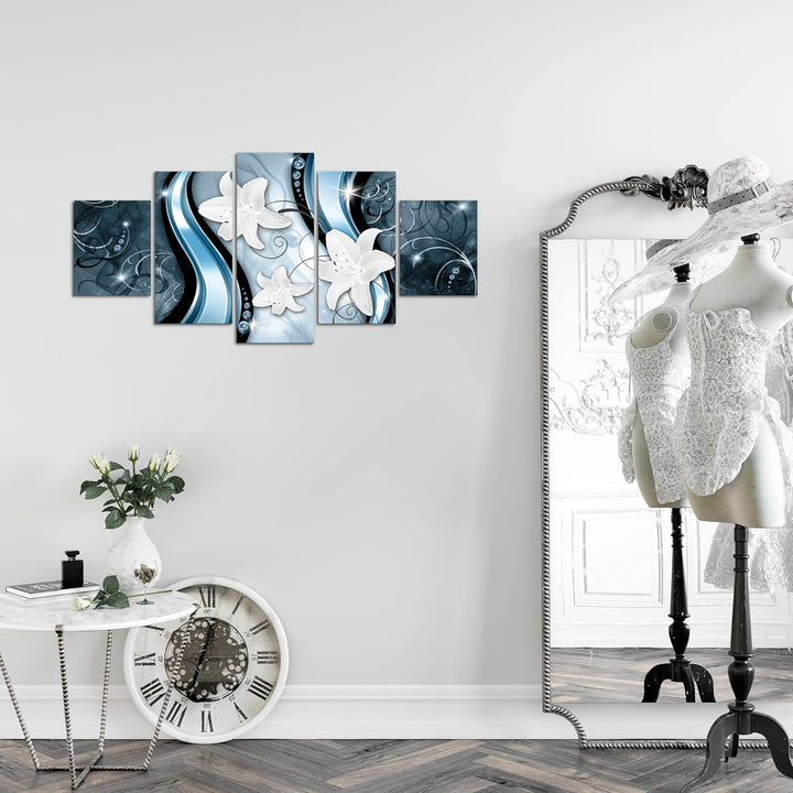 Runa Art Wandbilder Blumen Lilien 5 Teilig Bild auf Vlies Leinwand Deko Wohnzimmer Abstrakt Blau 210