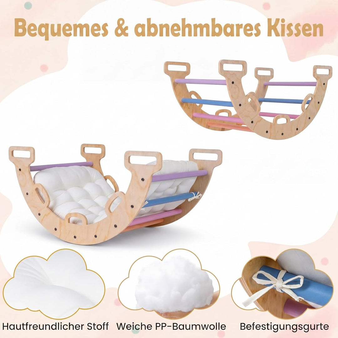 COSTWAY Kletterbogen Holz mit Kissen, Montessori Kletterwippe, Kletterdreieck zum Wippen, Klettern u