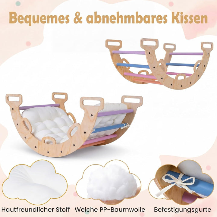 COSTWAY Kletterbogen Holz mit Kissen, Montessori Kletterwippe, Kletterdreieck zum Wippen, Klettern u