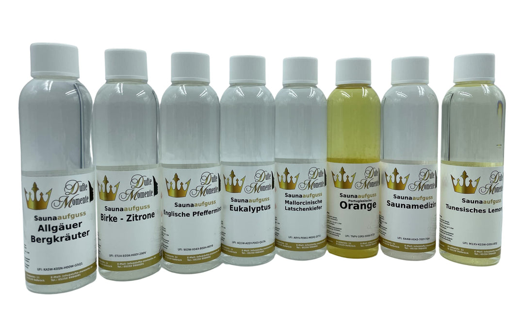 Dufte Momente | Saunaduft 8 x 250ml: freie Wahl der Düfte | naturreine und natürliche ätherische Öle