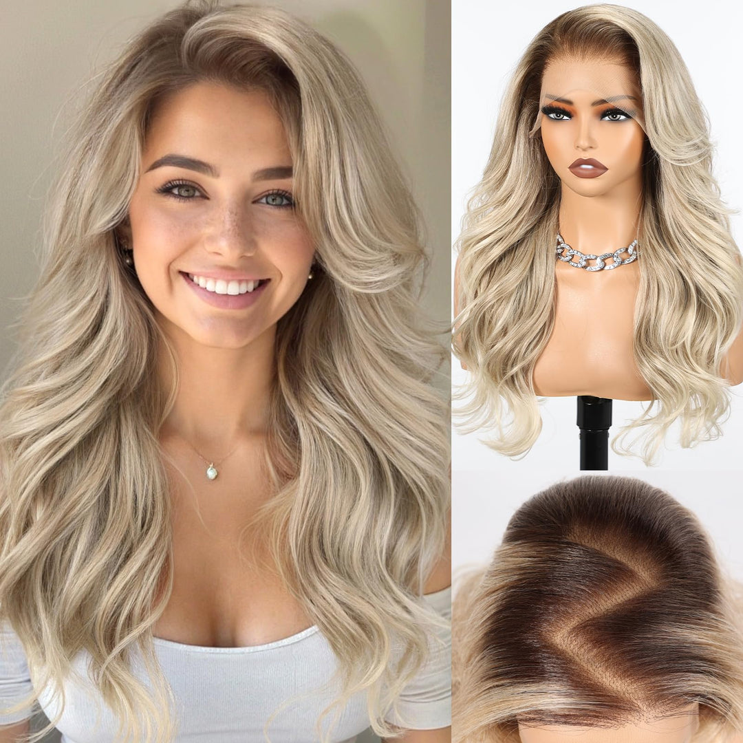 HAIRCUBE 13x6 HD Synthetische Lace-Front-Perücke, 24 Zoll Aschblond Lange Lockige Stufenperücken, Na