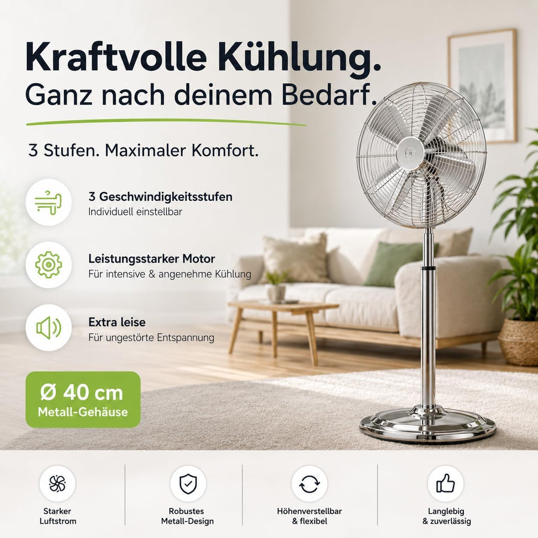 3 Stufen - Ø 45 cm Ventilator - Bodenventilator aus Metall – leistungsstarker Standventilator mit me