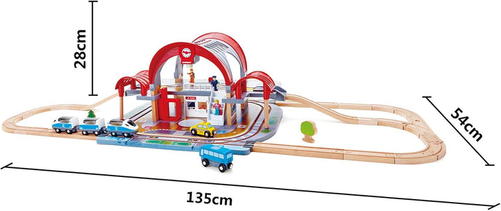 Grossstadtbahnhof von Hape | Bahnhofsset für Fantasiespiele aus Holz und mit Projektor und Rekorder
