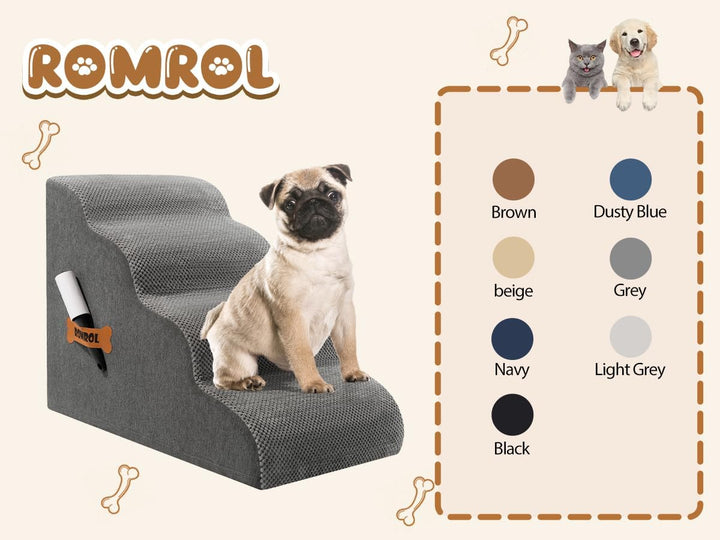 ROMROL Hundetreppe 4 Stufen – rutschfeste Haustiertreppe für kleine Hunde &amp; Katzen – Waschbarer Bezu