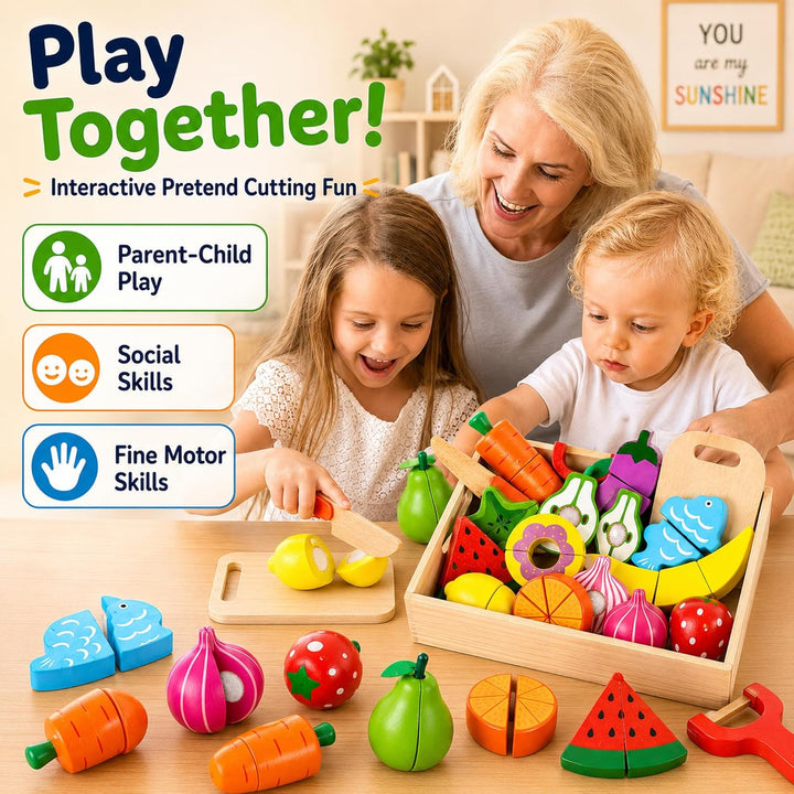 Kinder Holzspielzeug Küche – Schneideset mit Obst und Gemüse zum Zerschneiden, inkl. Schäler/Holzmes