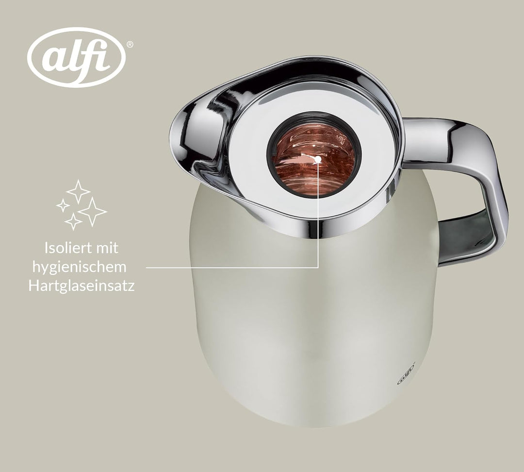 alfi SKYLINE 1,0l, silver lining, Edelstahl-Isolierkanne mit hygienischem Hartglaseinsatz, Drehversc